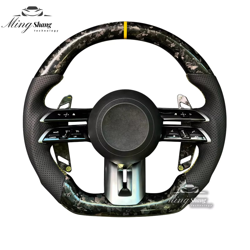The yellow-label forged carbon fiber sports steering wheel is suitable for Mercedes-Benz GLA GLE GLC GLK CLS CLA SLC ML GL GLB C