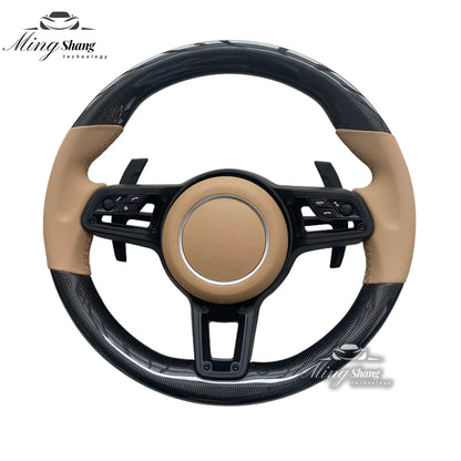 The beigeRED leather carbon fiber AUTO steering wheel is suitable for Porsche 992 911 718 Panamera Cayman Macan Tayenne Boxster GTS