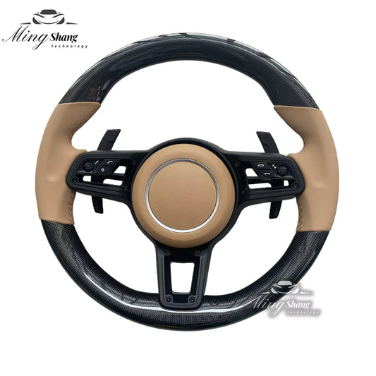 The beigeRED leather carbon fiber AUTO steering wheel is suitable for Porsche 992 911 718 Panamera Cayman Macan Tayenne Boxster GTS