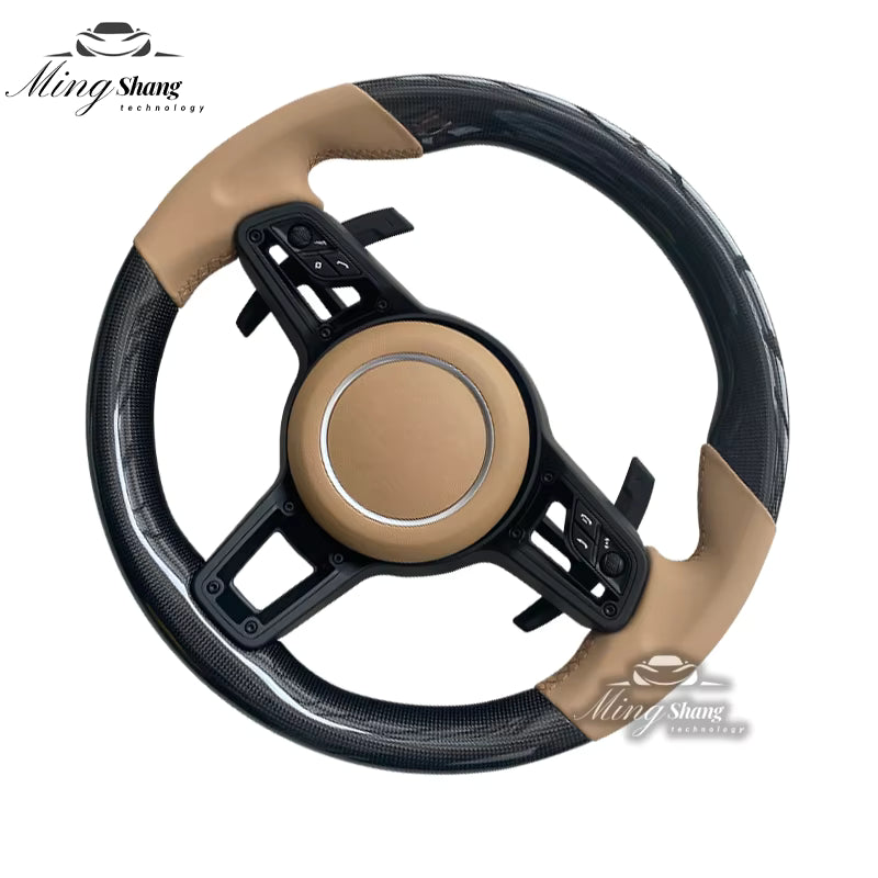 The beigeRED leather carbon fiber AUTO steering wheel is suitable for Porsche 992 911 718 Panamera Cayman Macan Tayenne Boxster GTS