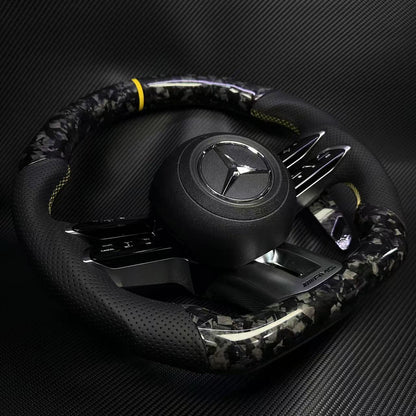 The yellow-label forged carbon fiber sports steering wheel is suitable for Mercedes-Benz GLA GLE GLC GLK CLS CLA SLC ML GL GLB C