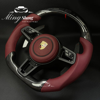 MT Auto Customized LED Red Carbon Fiber Steering Wheel For Porsche Macan Panamera Cayenne 911 970 991 918 997 718