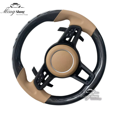 The beigeRED leather carbon fiber AUTO steering wheel is suitable for Porsche 992 911 718 Panamera Cayman Macan Tayenne Boxster GTS