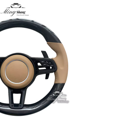 The beigeRED leather carbon fiber AUTO steering wheel is suitable for Porsche 992 911 718 Panamera Cayman Macan Tayenne Boxster GTS