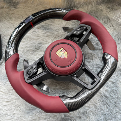 MT Auto Customized LED Red Carbon Fiber Steering Wheel For Porsche Macan Panamera Cayenne 911 970 991 918 997 718