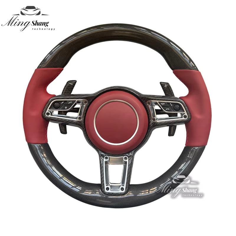 The beigeRED leather carbon fiber AUTO steering wheel is suitable for Porsche 992 911 718 Panamera Cayman Macan Tayenne Boxster GTS