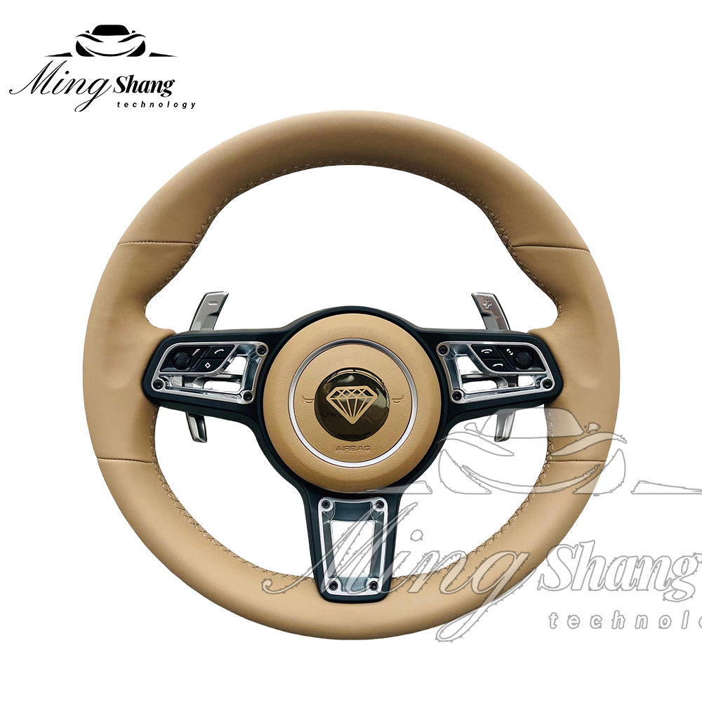 The brown leather car steering wheel is suitable for the Porsche 992 991 911 718 Panamera Macan Taycan Cayman Tayenne Boxster GT